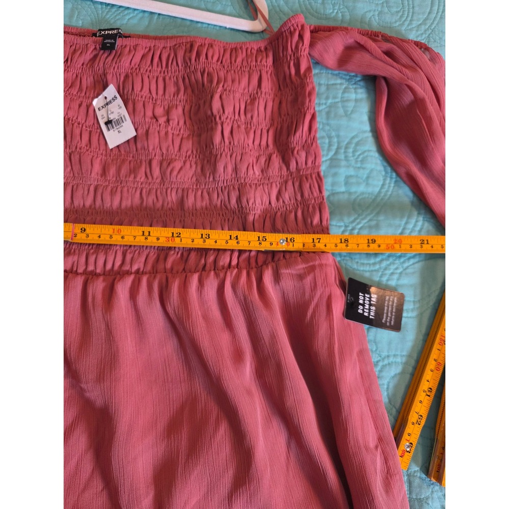 Express Womens XL Smocked Balloon Sleeve Ruffle Hem Mini Dress Dusty Rose Pink - Picture 7 of 8